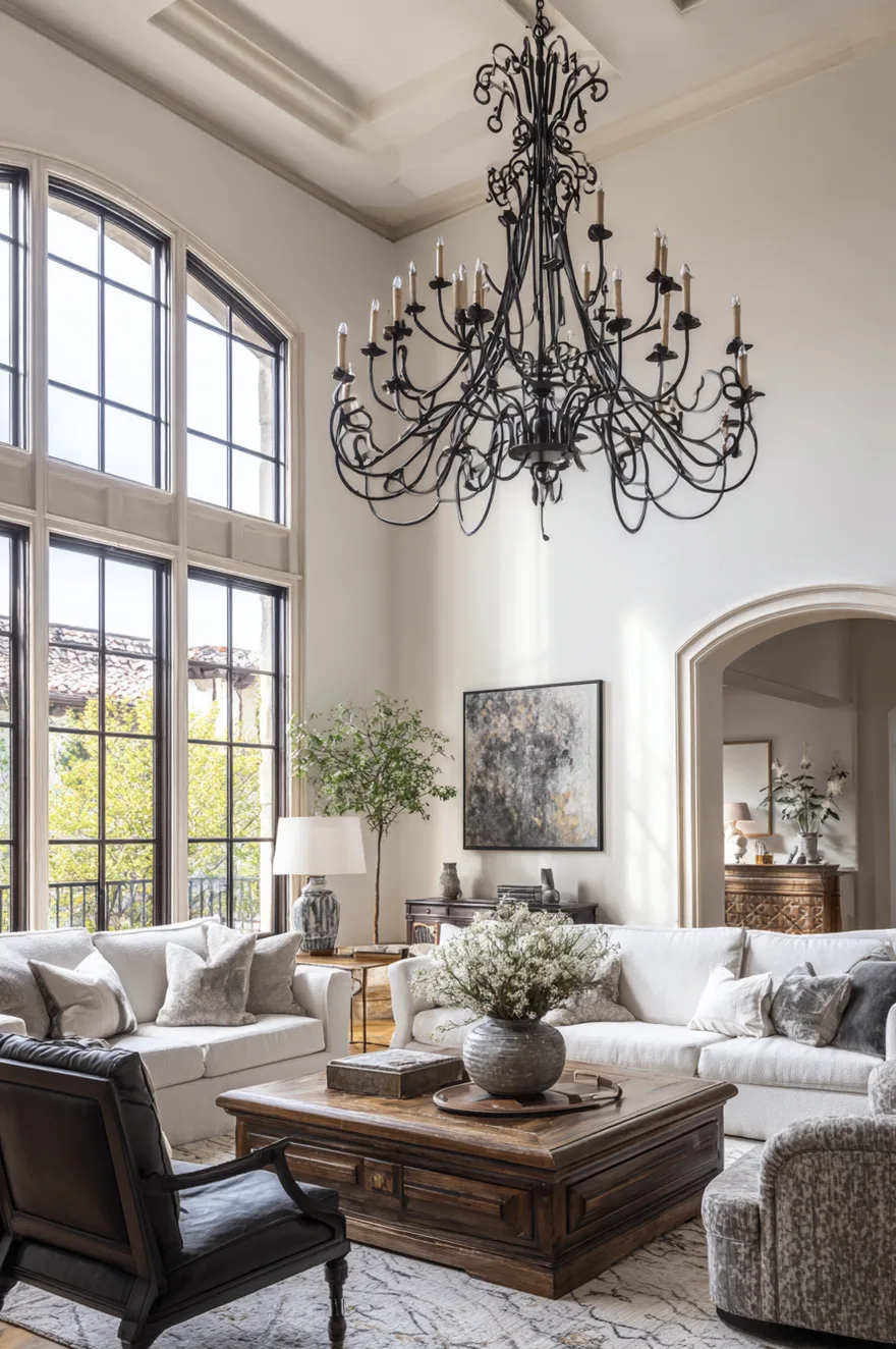 A grand living room with high ceilings featuring a large, ornate black wrought iron chandelier as the central focal point. The room is styled with a white sectional sofa, a dark wood coffee table with white hydrangeas, and large black-framed windows. An arched doorway leads into an adjacent room with traditional wooden furniture.