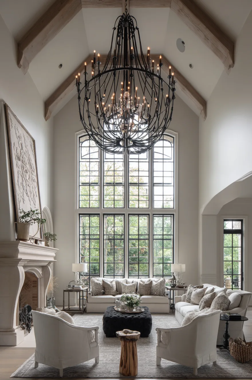 A tall, bright living room with a vaulted ceiling and exposed wood beams featuring a massive black spherical chandelier. Below, white sofas and armchairs are arranged around a dark tufted ottoman. A large floor-to-ceiling window overlooks a green garden, and a grand carved stone fireplace stands on the left.