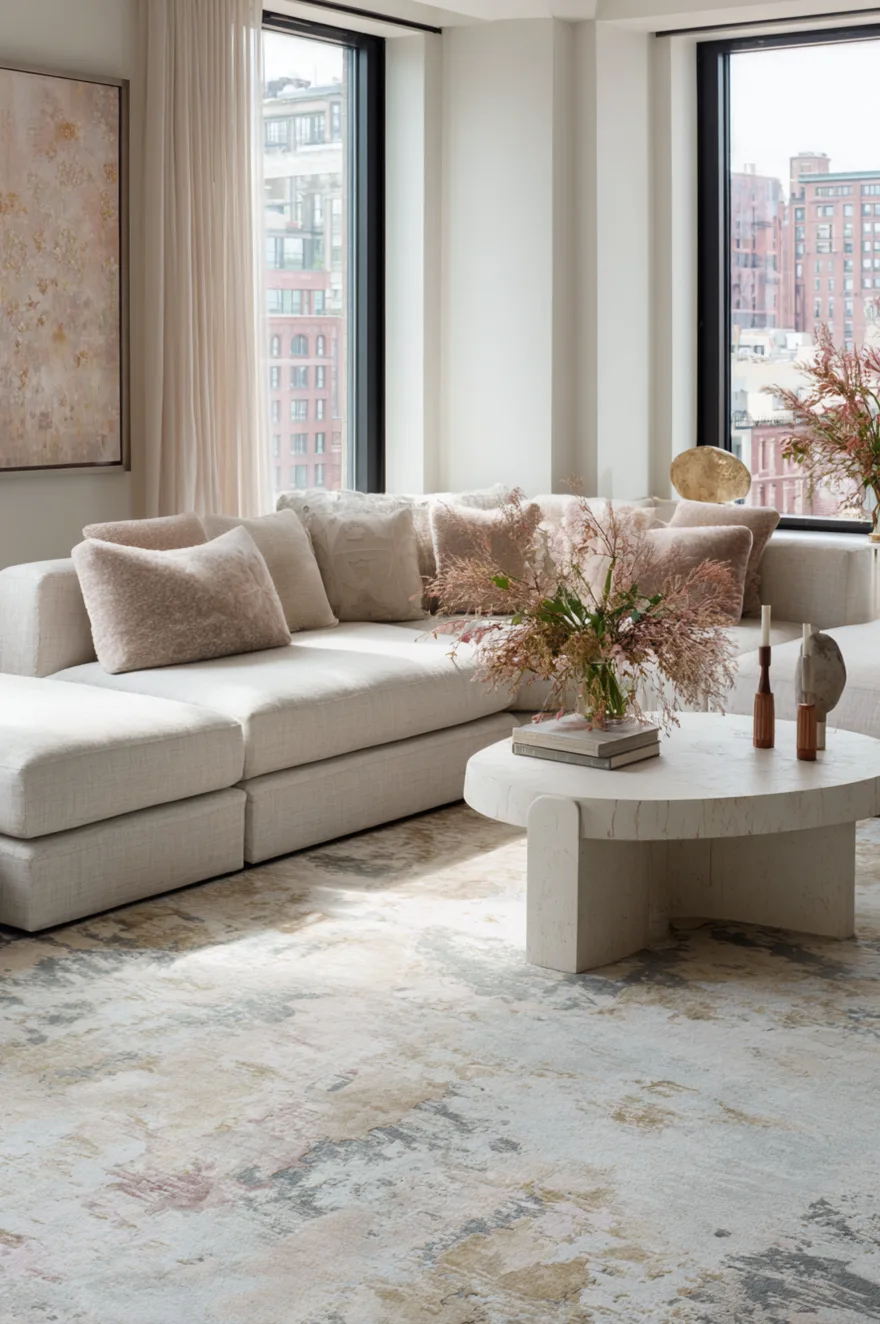 A soft and airy living room showcasing an abstract patterned rug in muted pastel and grey tones under a large white modular sofa and a round stone coffee table.