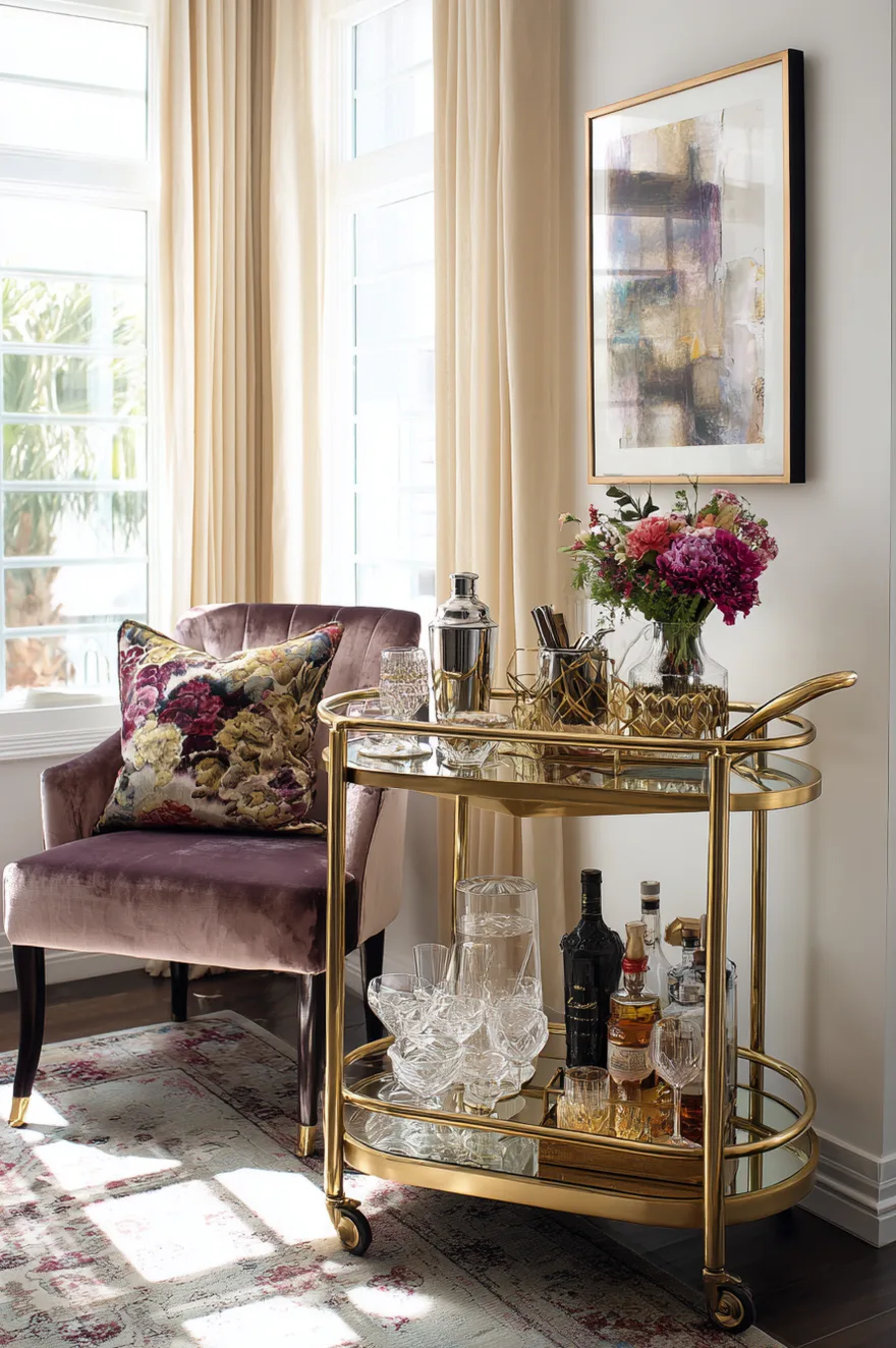 A circular two-tiered bar cart with a gold frame and glass shelves rests on a marble base. The top shelf holds cut crystal decanters and an ice bucket with a champagne bottle, while the bottom shelf holds books and a gold potted plant against deep blue wall paneling.