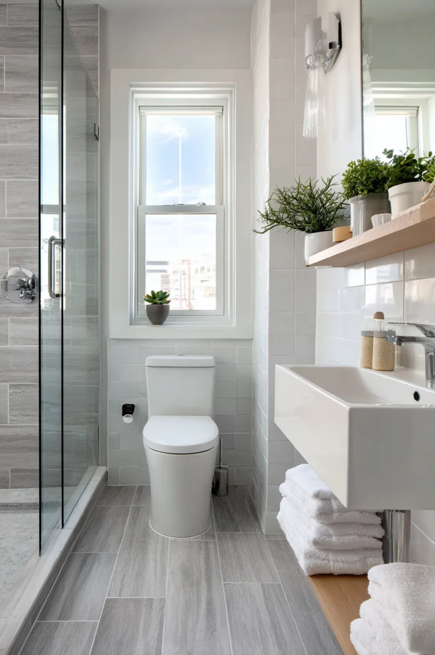 A compact bathroom featuring light grey floor tiles, bright white walls, and a white floating vanity positioned near a sunny window.