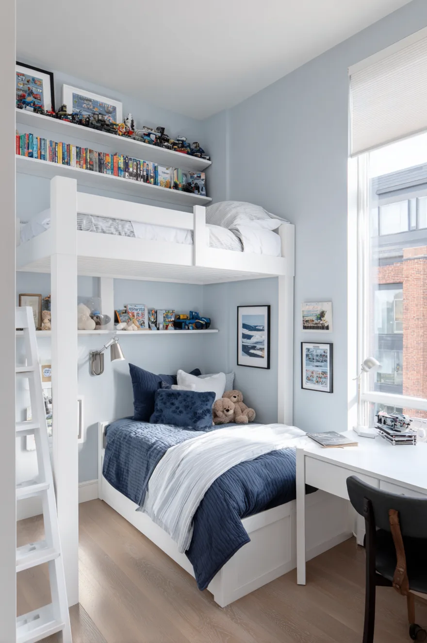 A small box room for a boy featuring a white loft bed with a built-in desk underneath, maximizing the floor space in a narrow layout.