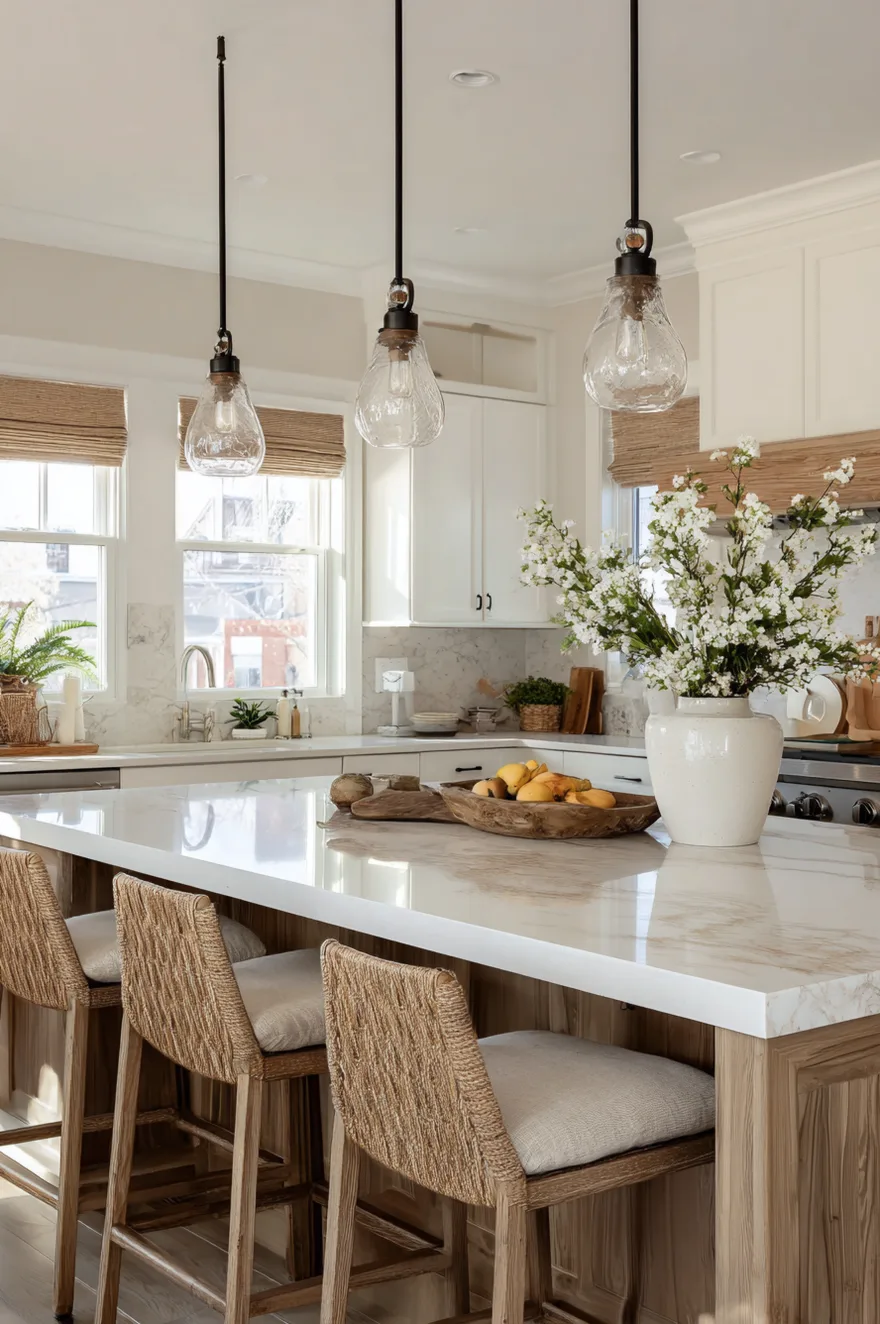 Glass jar style kitchen pendant lights over island highlighting a rustic wood island with fresh flowers.