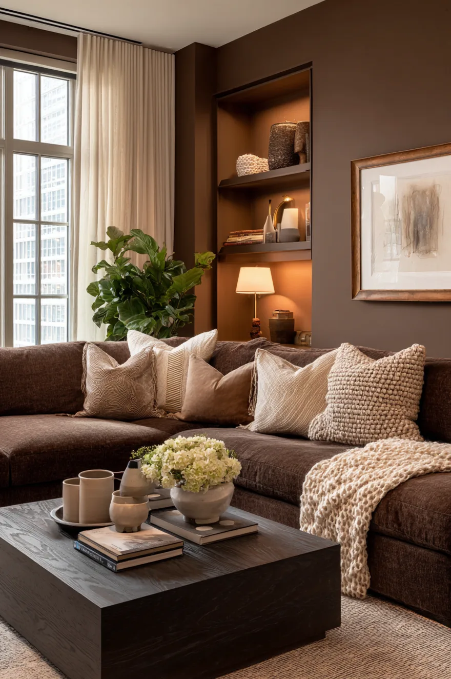 An interior design mood board for a brown living room redesign, displaying samples of light and dark brown paint swatches, camel leather, textured linen fabric, and a wood plank sample.