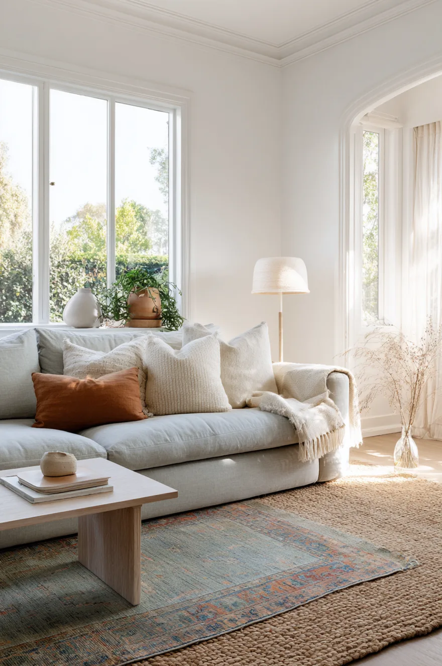 A light grey, low-profile sofa sits in front of a large window, styled with textured white and deep rust-colored throw pillows. On the floor, a large, chunky natural jute rug acts as a base layer beneath a smaller, faded vintage rug featuring muted blue, rust, and cream patterns. A simple light wood coffee table sits in the foreground, and a floor lamp with a paper shade stands in the corner.