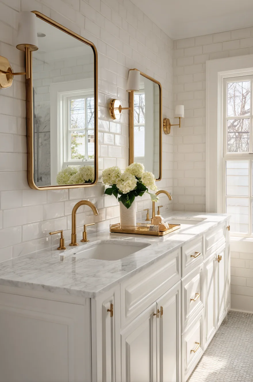 A luxurious all-white bathroom showcasing a classic white painted double vanity with gold hardware and a white marble countertop with undermount sinks. Elegant gold deck-mounted faucets sit beneath two brass-framed rectangular mirrors and matching wall sconces against a wall of glossy white subway tile.