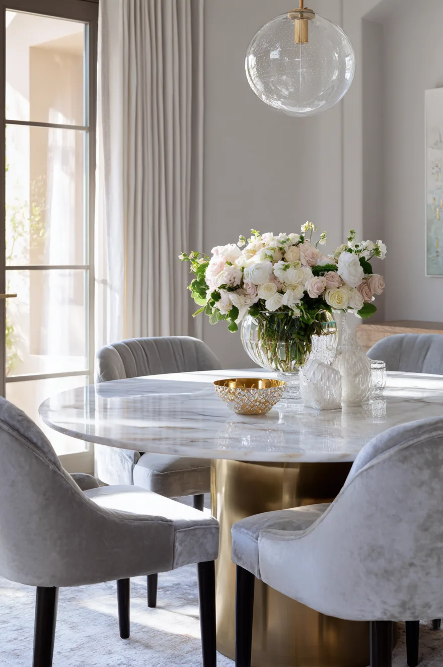 Luxury dining room featuring a white Carrara marble top table on a wood base with velvet chairs.