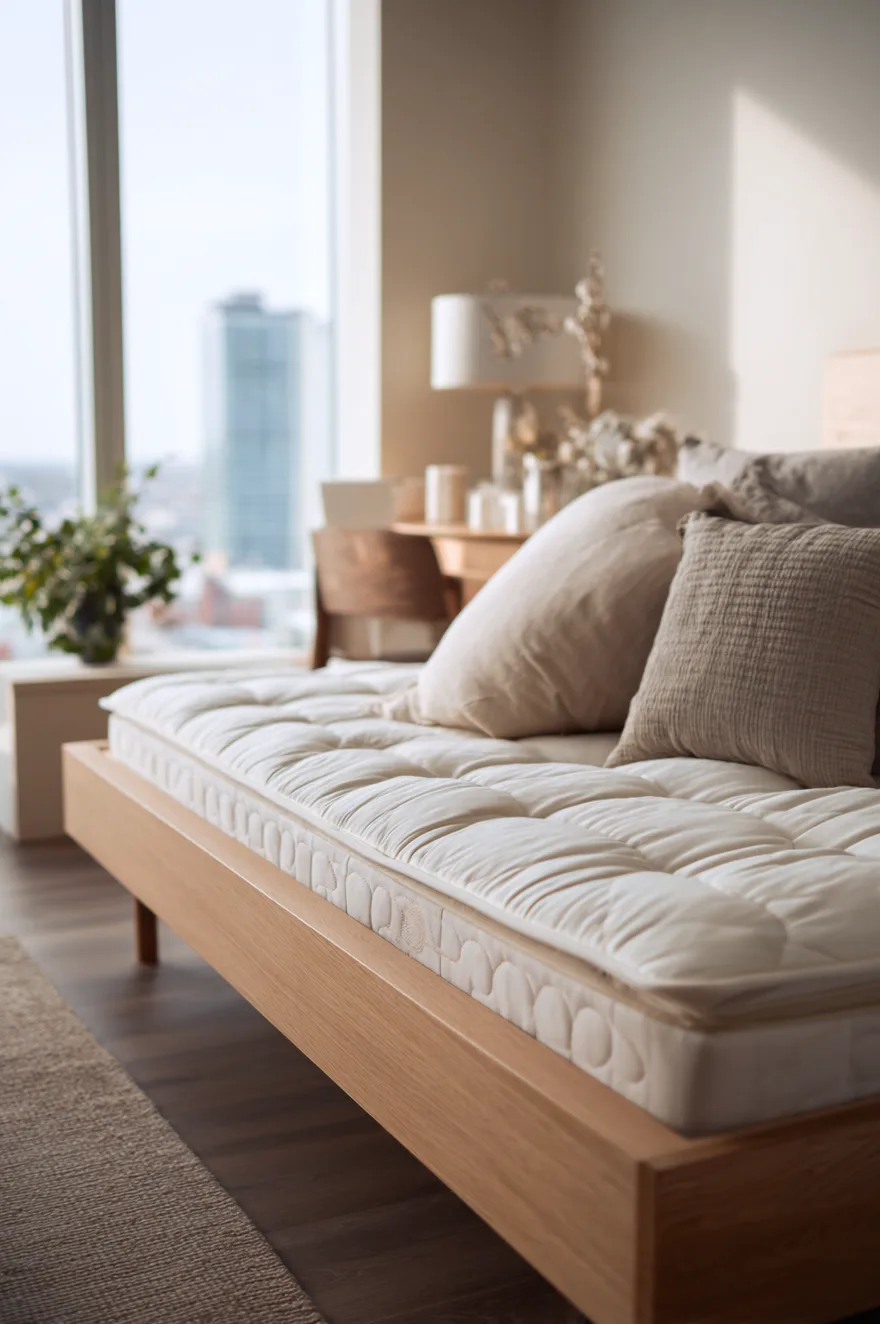 Close-up of a thick, tufted white mattress sitting on a low-profile light oak platform bed frame. The bed is styled with rumpled beige and light grey linen pillows. A bright window showcasing a city skyline and a wooden desk are softly blurred in the background.