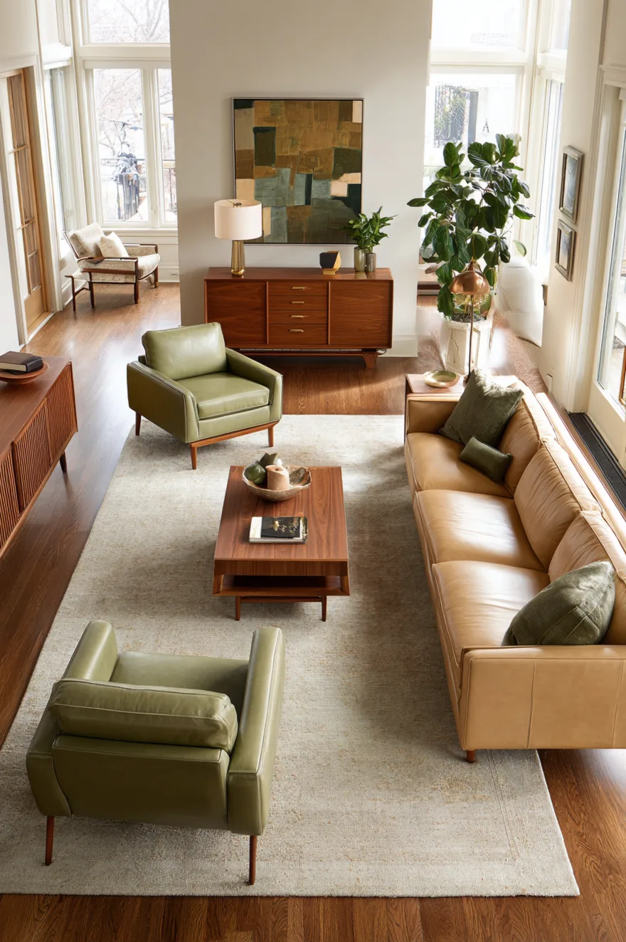 An overhead view of a living room featuring a tan leather sofa facing two olive green armchairs across a wooden coffee table. The furniture rests on a light grey rug, surrounded by wooden credenzas, large windows, and indoor plants.