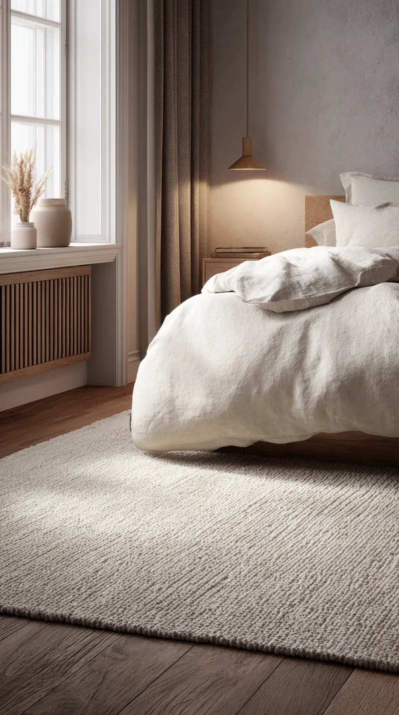 Textured cream area rug placed under a wooden bed on hard flooring.