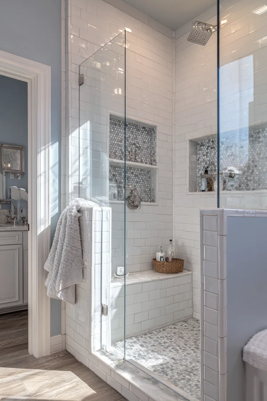 A bright white walk in shower constructed with subway tiles and a half wall featuring a clear glass upper panel. The shower contains two built in niches lined with small gray and white hexagon mosaic accent tiles, equipped with chrome fixtures and a built in bench.