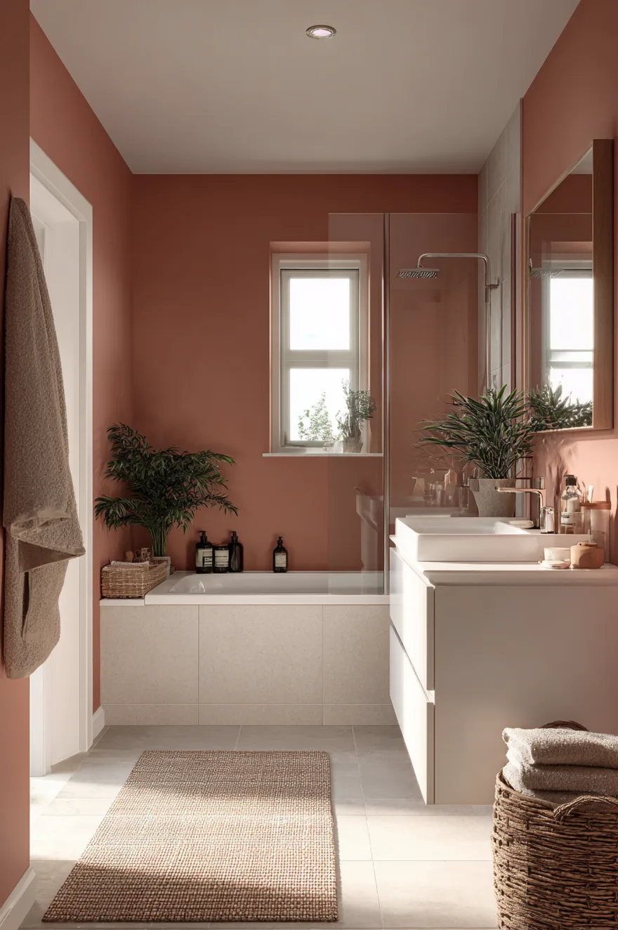 A modern bathroom painted in a solid terracotta color, featuring a built in white bathtub with a glass shower screen and a sleek white floating vanity. Potted green plants and a woven rug add natural textures to the bright space.