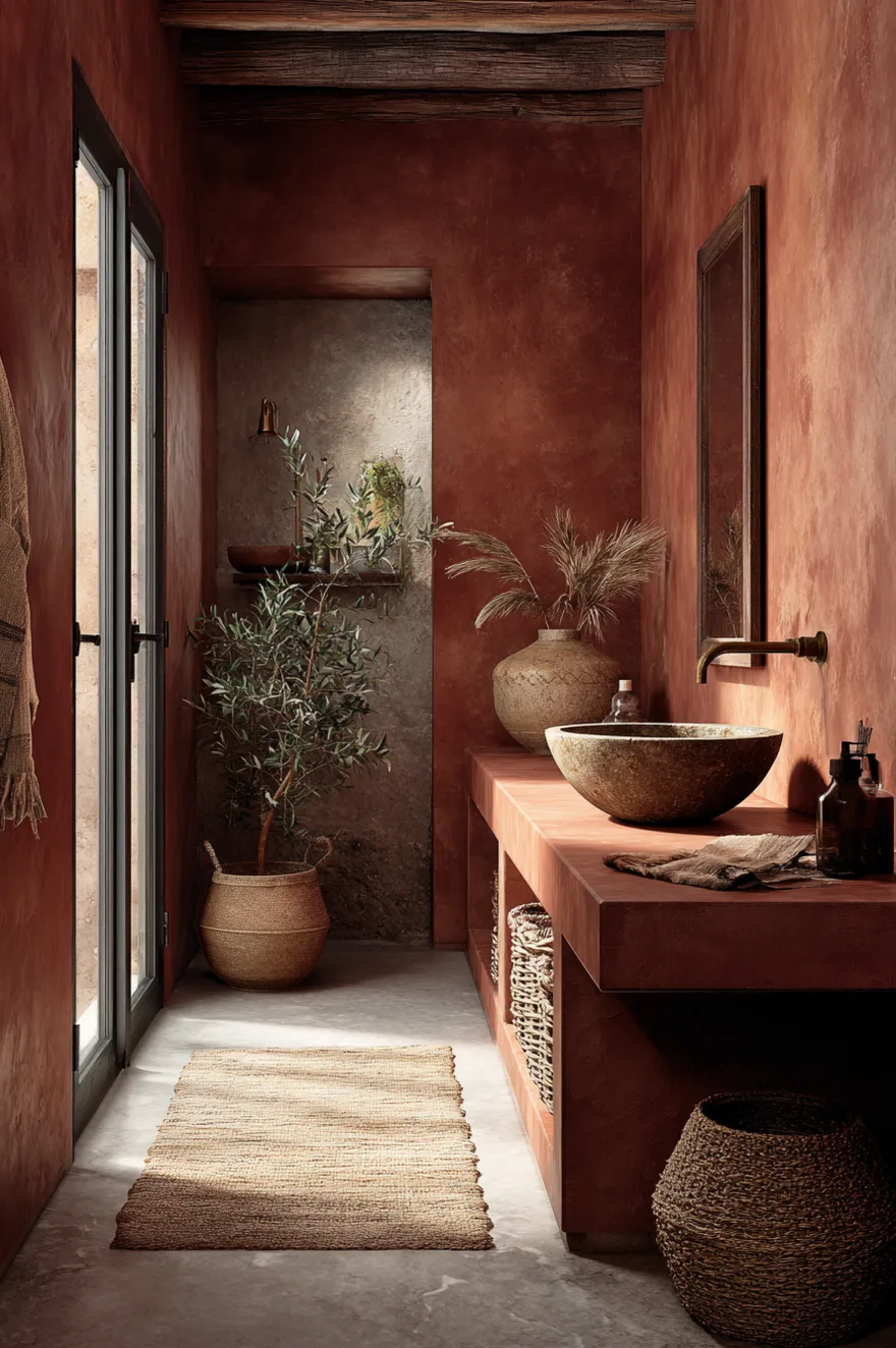 A rustic Mediterranean style bathroom enveloped in highly textured clay red plaster walls. A thick terracotta shelf holds a rough stone vessel sink, surrounded by a potted olive tree, a woven basket, and a large clay urn with dried grass.