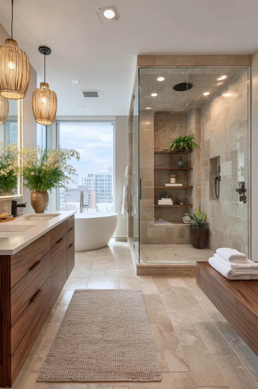 A spacious modern bathroom with a glass-enclosed walk-in shower featuring beige stone tile and built-in wood shelves, alongside a freestanding white tub situated in front of a floor-to-ceiling window overlooking a city.