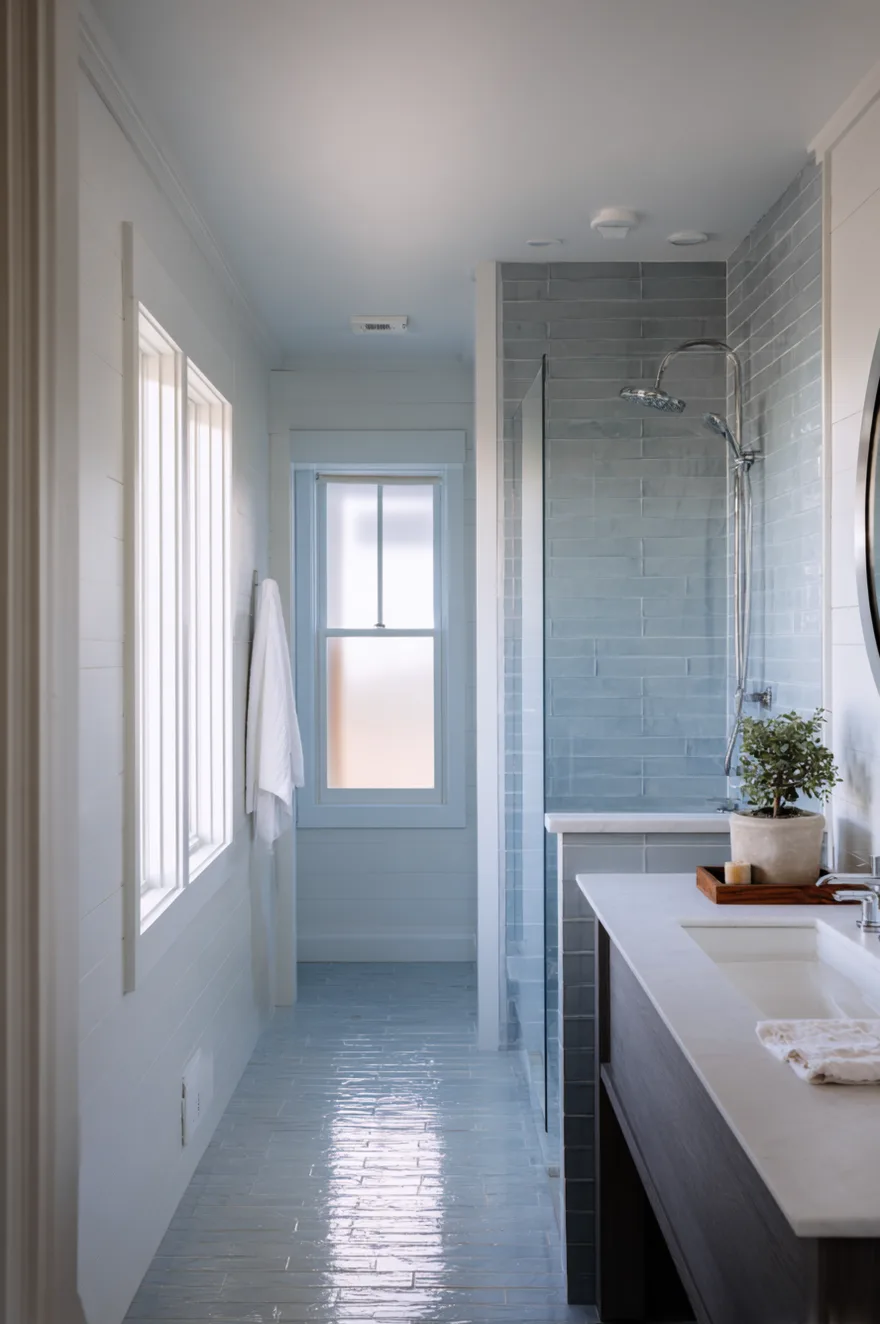 Doorless walk in shower at the far end of a narrow galley bathroom with cool pale blue-gray elongated tile, white shiplap side wall, and frosted window.
