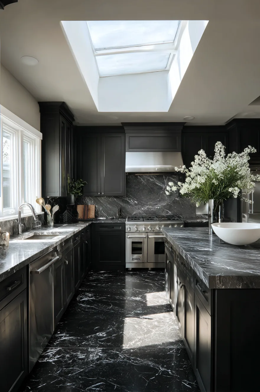 Honed Nero Marquina black marble kitchen floor with white veining under deep charcoal cabinets, a brushed steel range, and a shaft of natural light from a single overhead skylight.