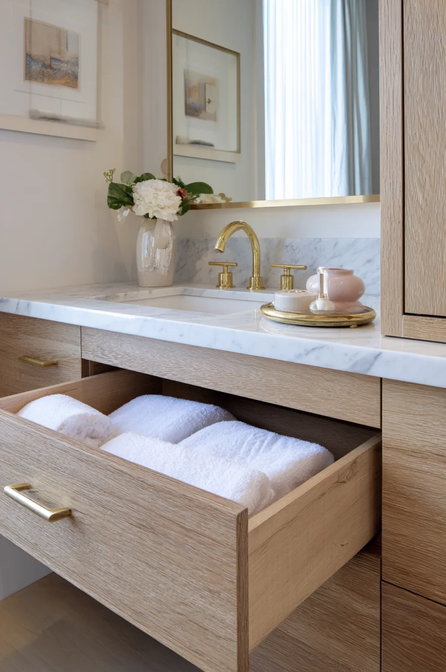 Flush-front toe-kick warming drawer slightly open beneath a floating white oak vanity revealing neatly folded white towels, with a marble countertop and brushed brass fixtures above.