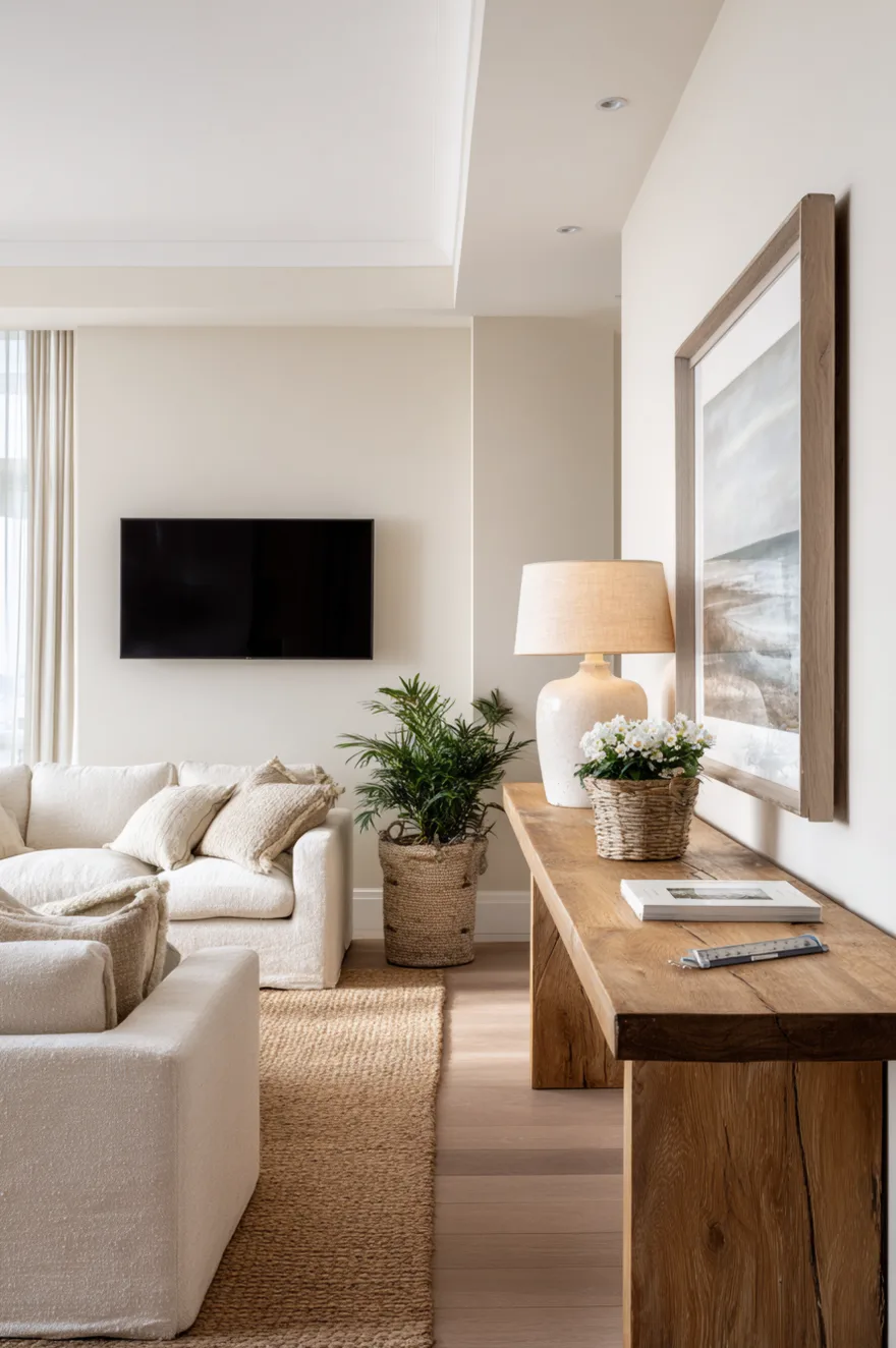 Wall-mounted TV at seated eye level above a low oak console at 20 inches height in a modern living room with a cream linen sofa and a jute rug showing correct ergonomic TV placement.