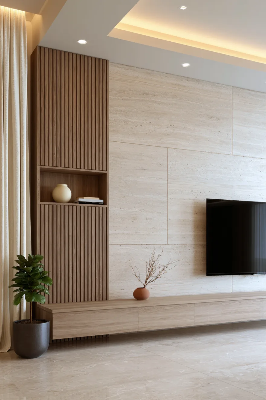 Asymmetric media feature wall featuring a floor-to-ceiling light oak wood slat column on the left with a recessed open storage box holding a round cream ceramic vase and a small stack of books. The rest of the expansive wall is covered in large cream travertine stone cladding panels, with a television mounted off-center to the right. A very long, low-profile light wood floating media console spans the bottom, supporting a small terracotta vessel with bare twigs. A potted fiddle leaf fig stands on the left beside soft linen drapery.