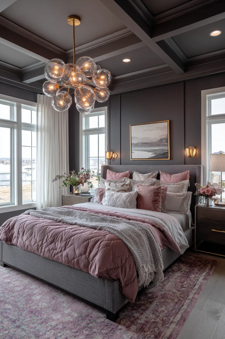 Grey bedroom with a dark accent wall, a large glass globe bubble chandelier, and layered bedding in pink and grey tones.