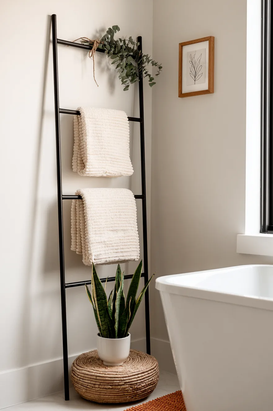 Black metal leaning blanket ladder against a beige wall next to a white freestanding bathtub, holding ribbed cream towels and tied eucalyptus. A potted snake plant sits on a woven stool at the base.