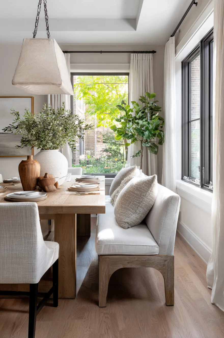 Dining table set with a wooden bench on one side and upholstered chairs on the other for a casual family look.