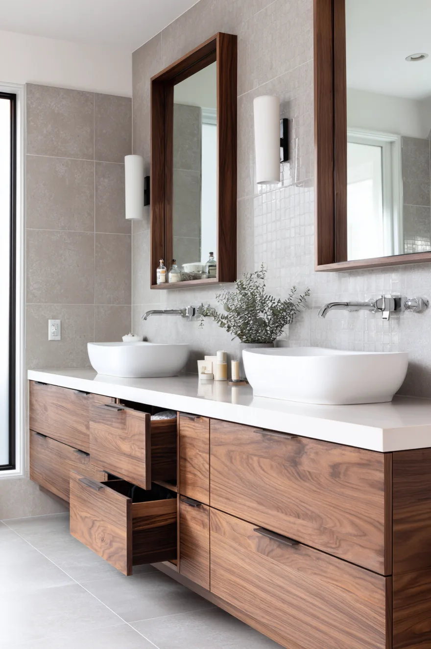 A modern bathroom featuring a floating walnut wood double vanity with a white countertop and two white vessel sinks. Two of the lower drawers are pulled open to reveal deep storage space. Chrome wall-mounted faucets, white cylinder sconces, and two dark wood-framed mirrors hang against a light grey tiled wall.