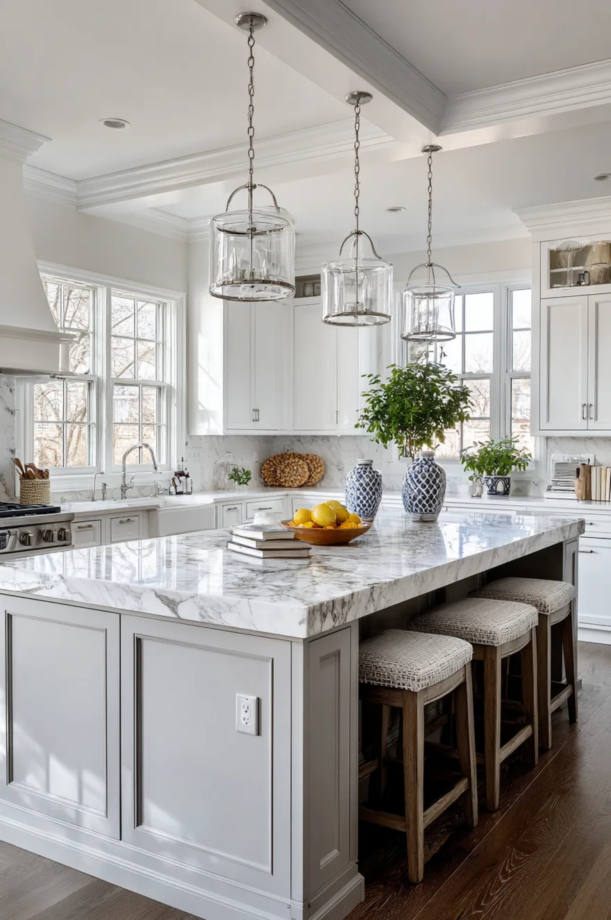 Three large clear glass lantern pendants hanging at eye level over a large marble kitchen island.