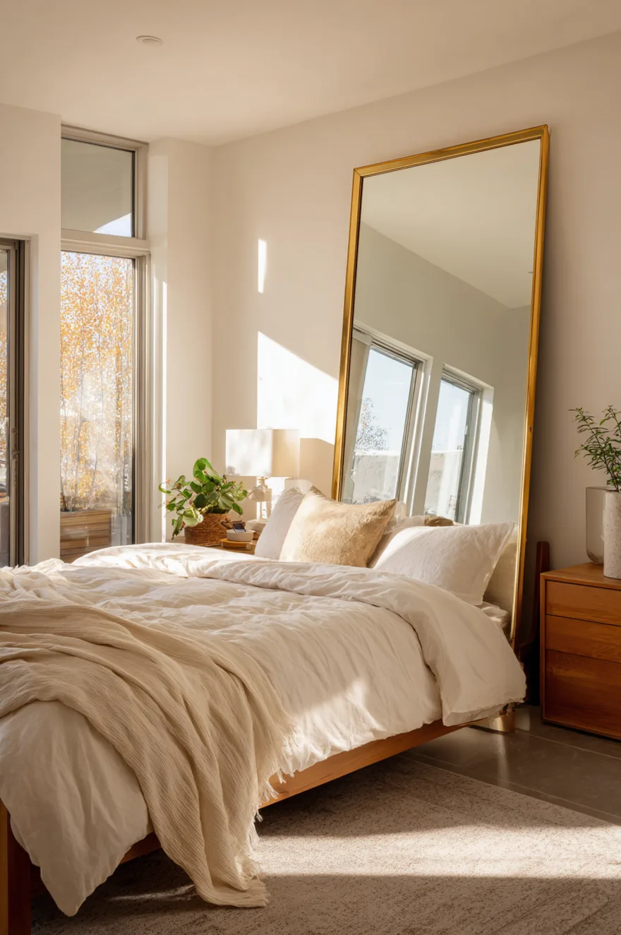 Bright master bedroom with a large gold-framed floor mirror leaning against a white wall, reflecting a sunny window. A light wood platform bed is styled with rumpled white linen sheets, neutral pillows, and a textured beige throw blanket. Strong natural sunlight illuminates a green potted plant, a white table lamp, and a minimalist wooden nightstand holding a grey ceramic vase.