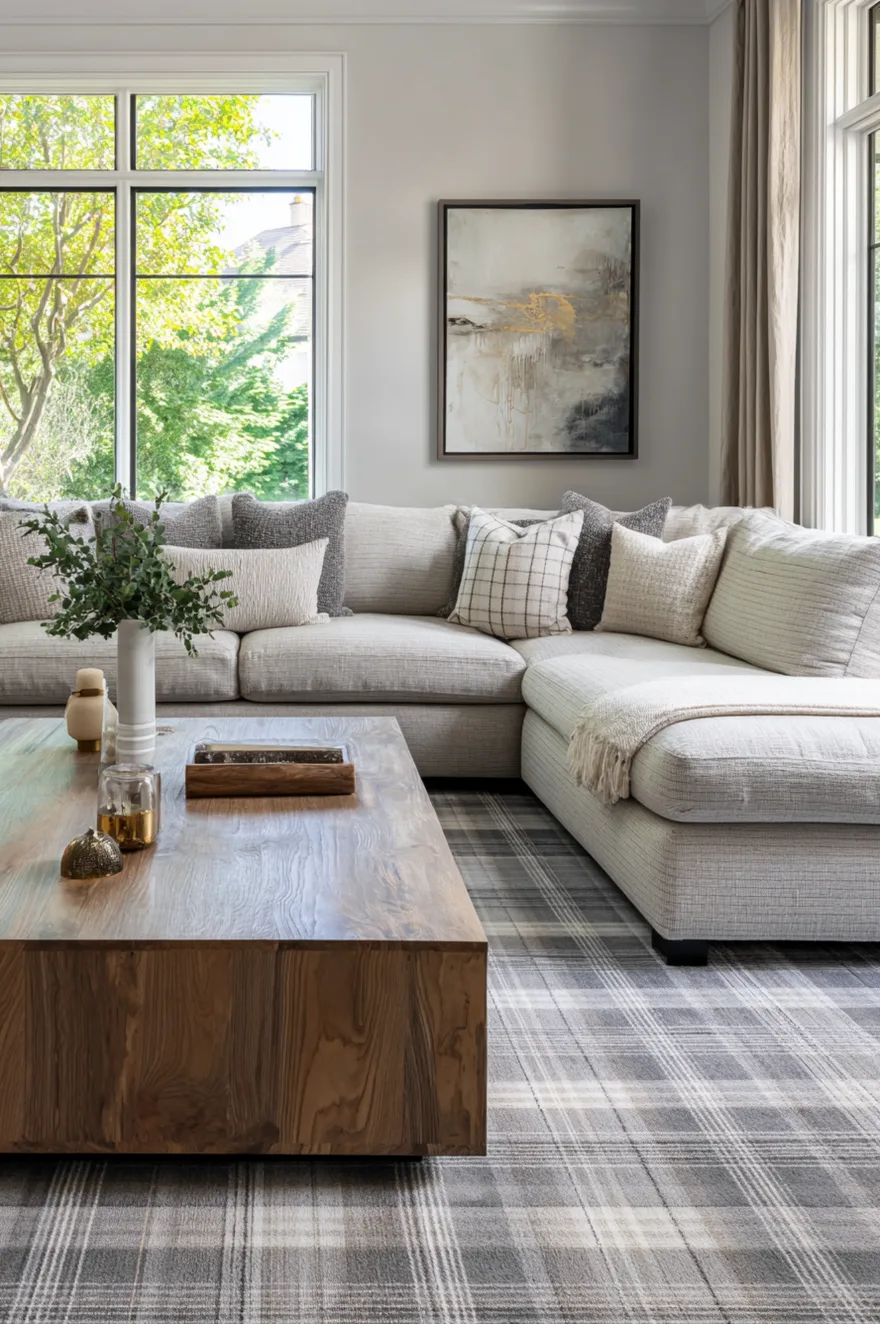 A bright living room featuring a grey and white plaid patterned area rug placed under a light grey textured sectional sofa and a large solid wood block coffee table, with large windows in the background.