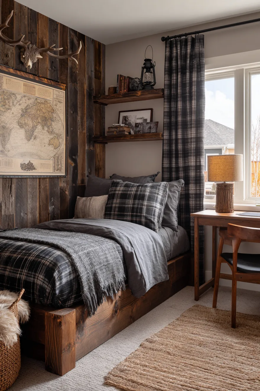 A cozy boys bedroom featuring a rustic wood plank accent wall, a dark metal bed frame with plaid bedding, and a vintage camp sign above the headboard.