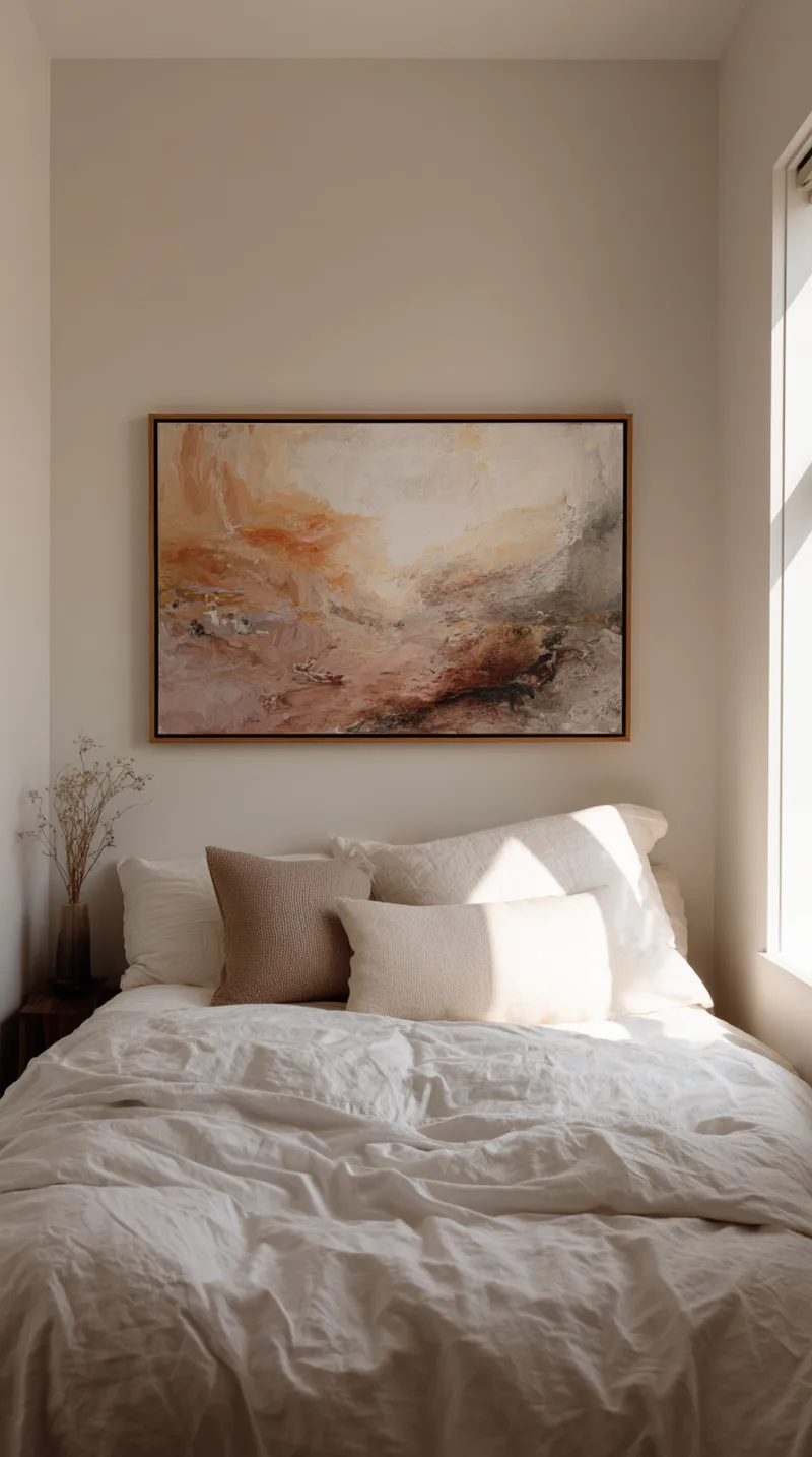 Large framed abstract landscape painting hanging centered above a white bed in a small room.