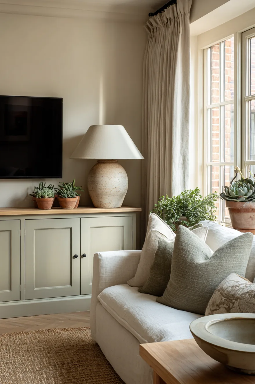 Sage-painted console against a warm cream wall with a large stoneware lamp, small terracotta succulent pots, a linen panel curtain framing the TV wall, and a natural jute rug underfoot.