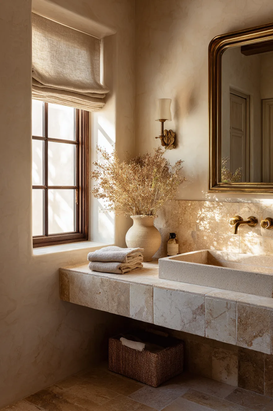 Unlacquered brass fixtures with natural patina, unfilled travertine floors worn soft, a linen window shade, and a honed stone countertop with dried botanicals in low warm evening light.