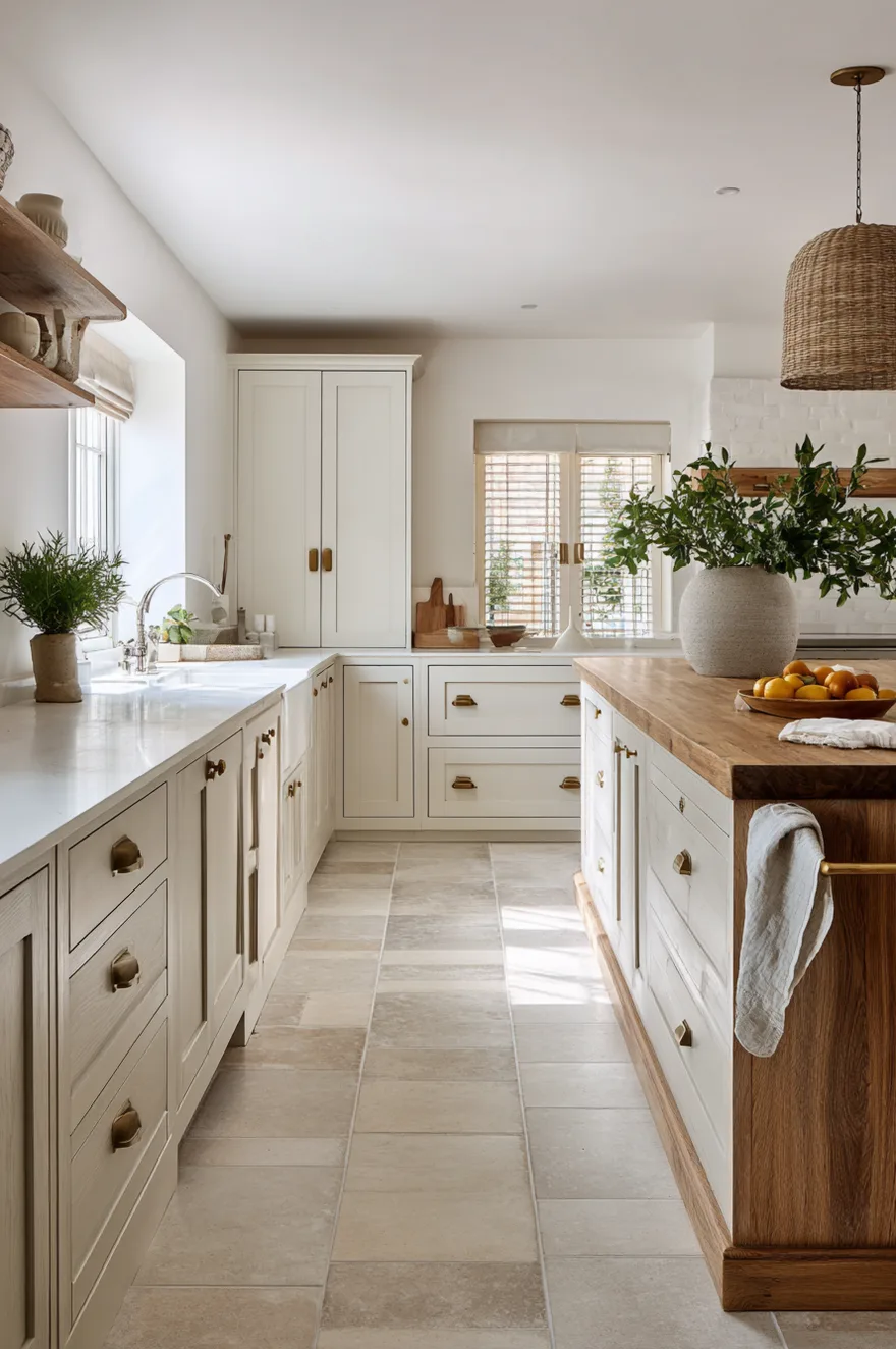 Wide-format warm grey porcelain kitchen floor with narrow grout lines anchoring a full kitchen view with cream cabinets, a raw oak island, and brushed brass hardware in even natural daylight.