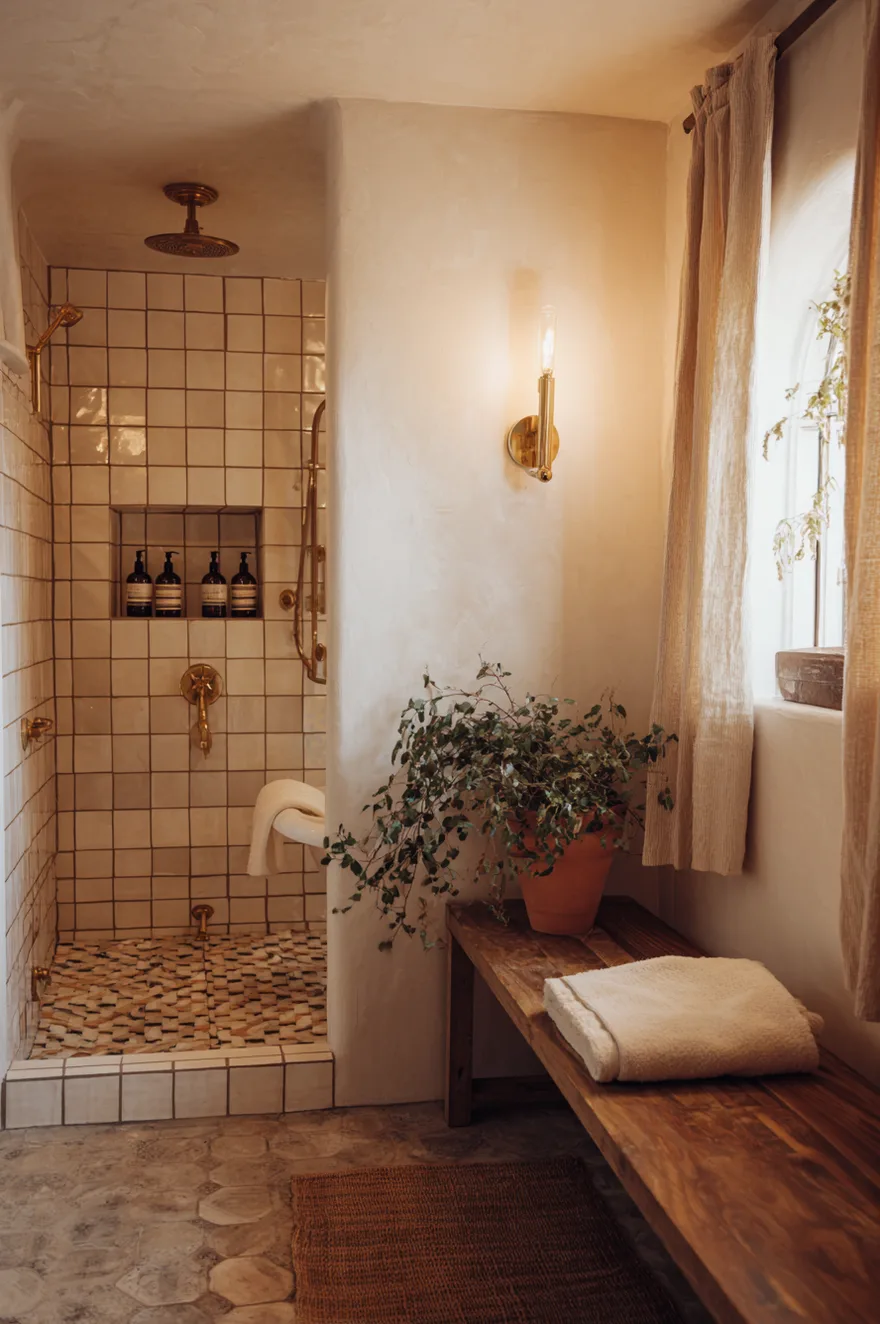 Eclectic walk in shower with antique brass fixtures, handmade Moroccan mosaic tile floor, white plaster walls, fold-down teak bench, and clawfoot tub in the background.