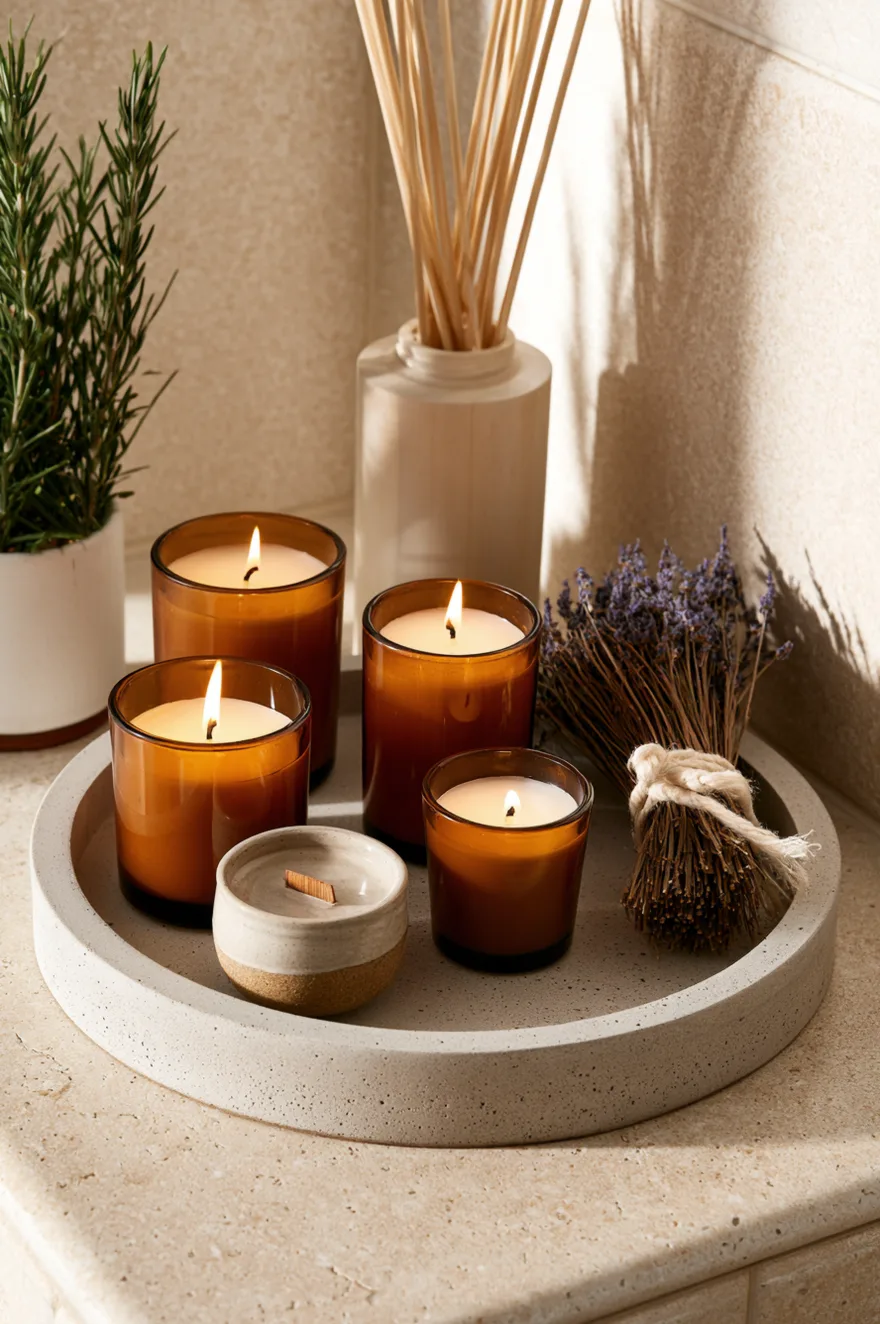 Round gray concrete tray on a stone counter holding four lit amber glass candles, a ceramic container with a wooden wick candle, a bundled sprig of dried lavender, and a white reed diffuser.