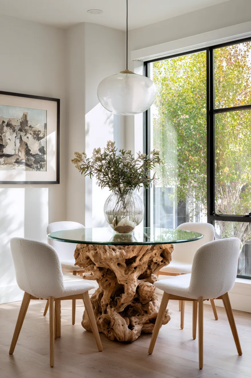 Round glass top dining table with a sculptural wood base making a small dining nook feel open and airy.