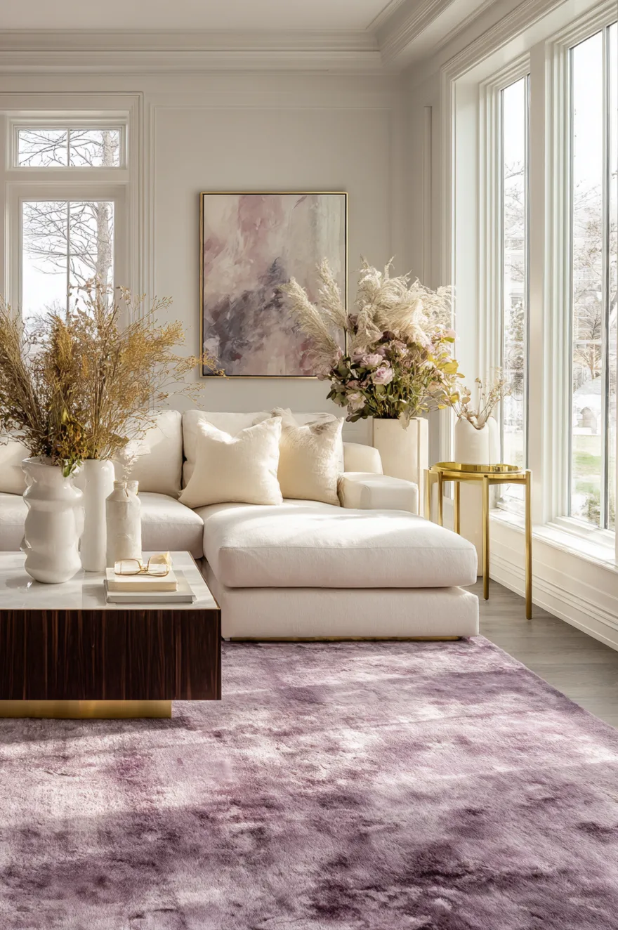 A sunlit living room showcasing a soft lavender plush area rug under a white sectional sofa, accompanied by a dark wood and marble square coffee table, a gold side table, and large dried floral arrangements.