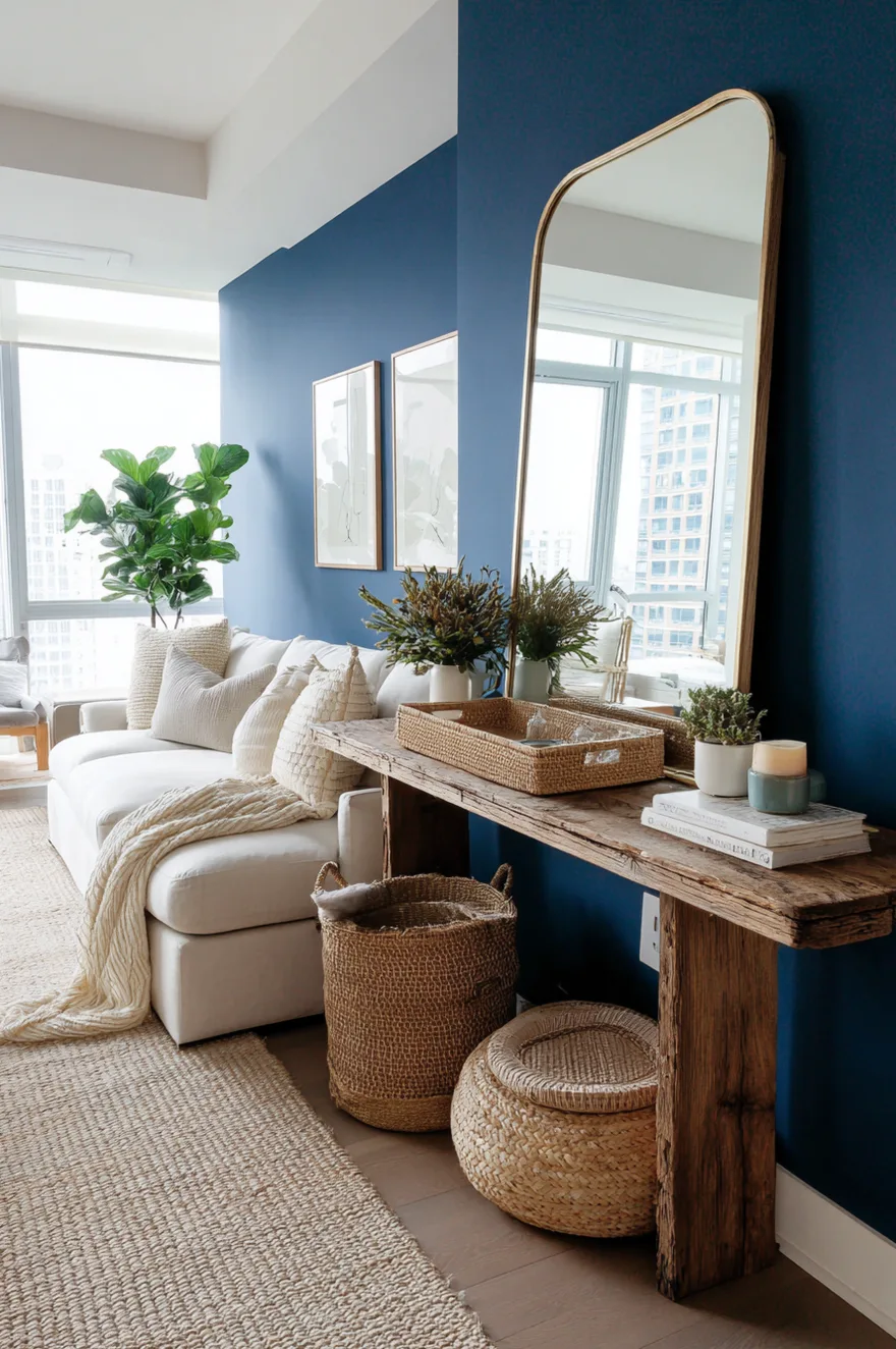 Builder-grade console against a deep saturated blue painted wall with a large leaning mirror, a woven tray clustering small objects, and a cream linen sofa with a flatweave rug in a renter-friendly living room.