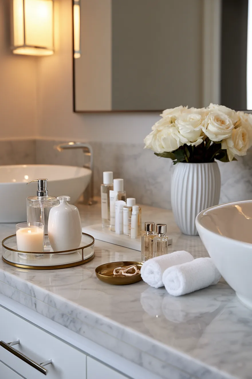 White marble double vanity counter with two white vessel sinks, featuring a gold-rimmed round tray with a candle, a marble rectangle tray with skincare bottles, and a fluted white vase with white roses.