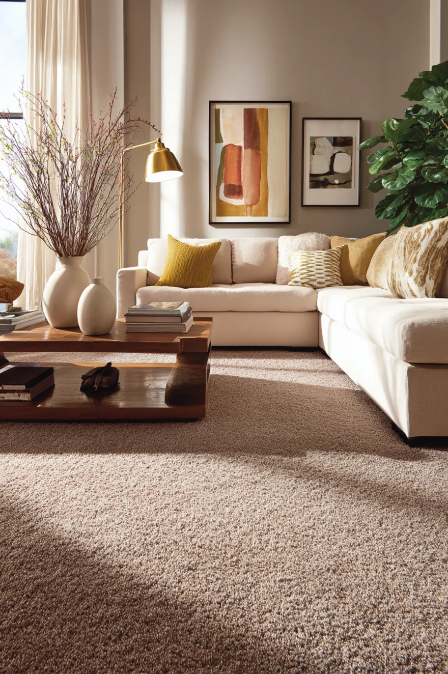 A warm living room featuring a textured brown area rug underneath a cream sectional sofa styled with yellow pillows, a tiered wooden coffee table, a gold floor lamp, and a large green potted plant.