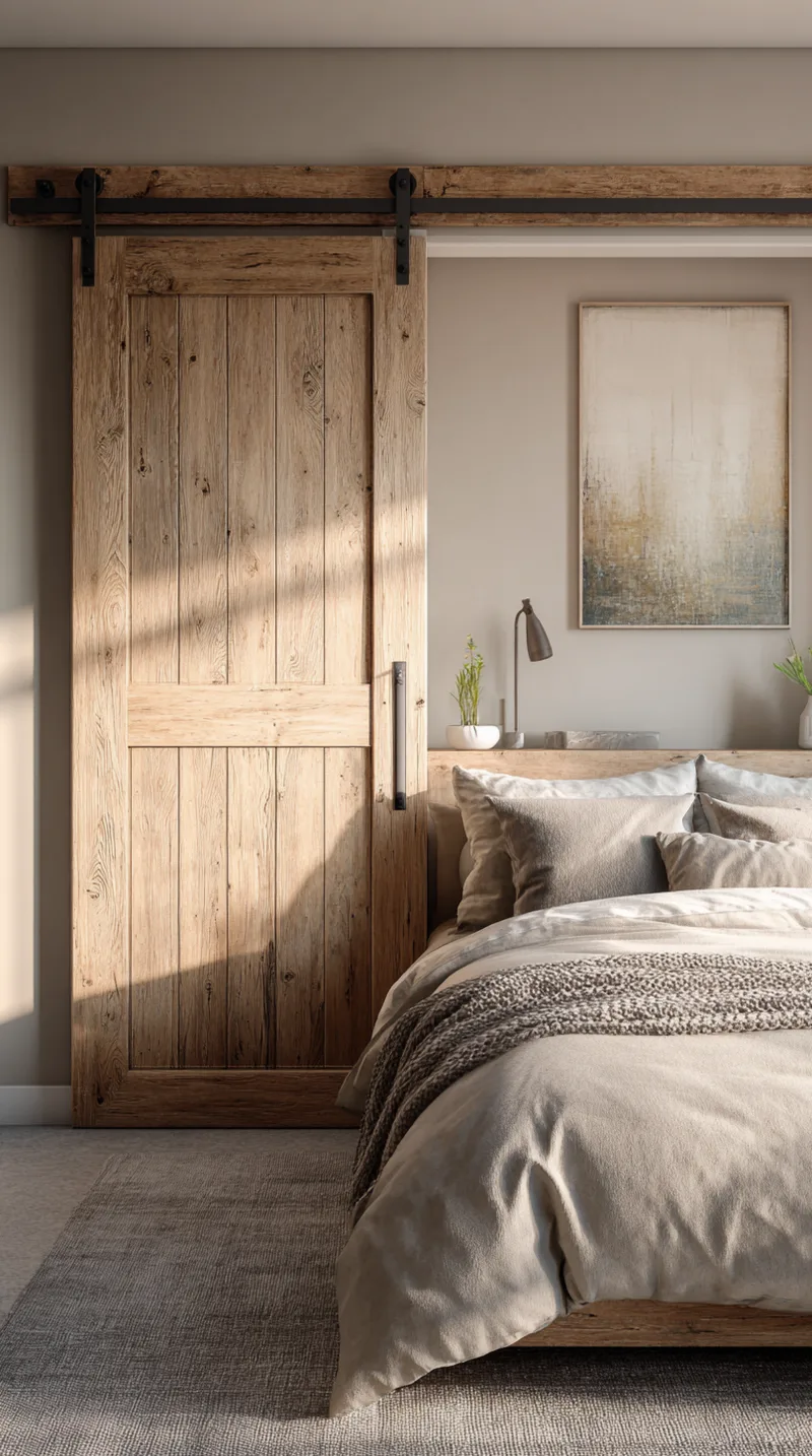 Rustic wooden sliding barn door installed in a cozy neutral bedroom to save floor space.
