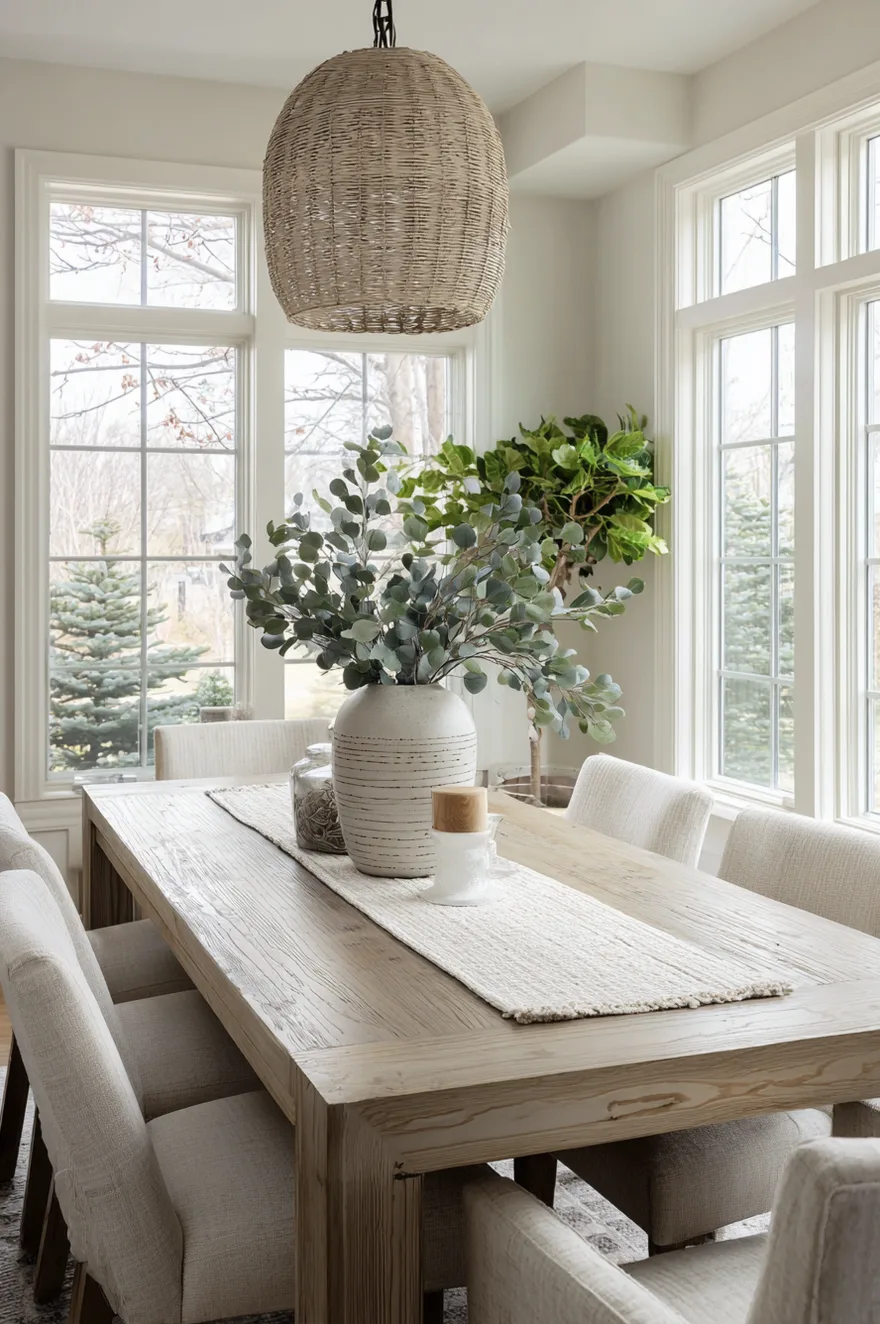Modern farmhouse dining table with clean lines and simple black chairs in a bright neutral dining room.