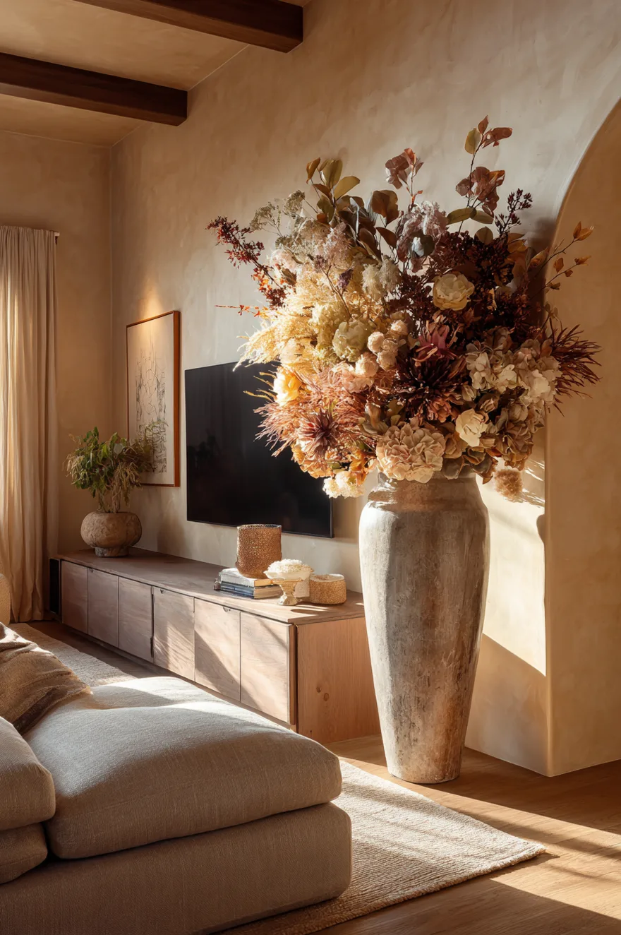 TV console anchored by a large-scale dried floral arrangement nearly a meter tall in an oversized ceramic floor vase with nothing else competing on the surface in a warm plaster living room.