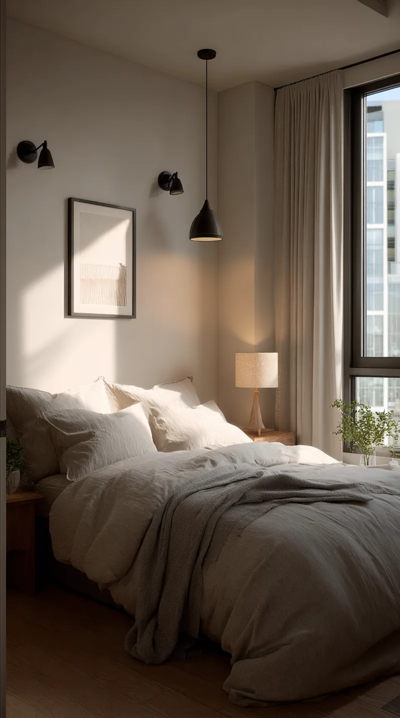 Cozy bedroom interior at dusk featuring warm soft lighting from black wall sconces and pendant.