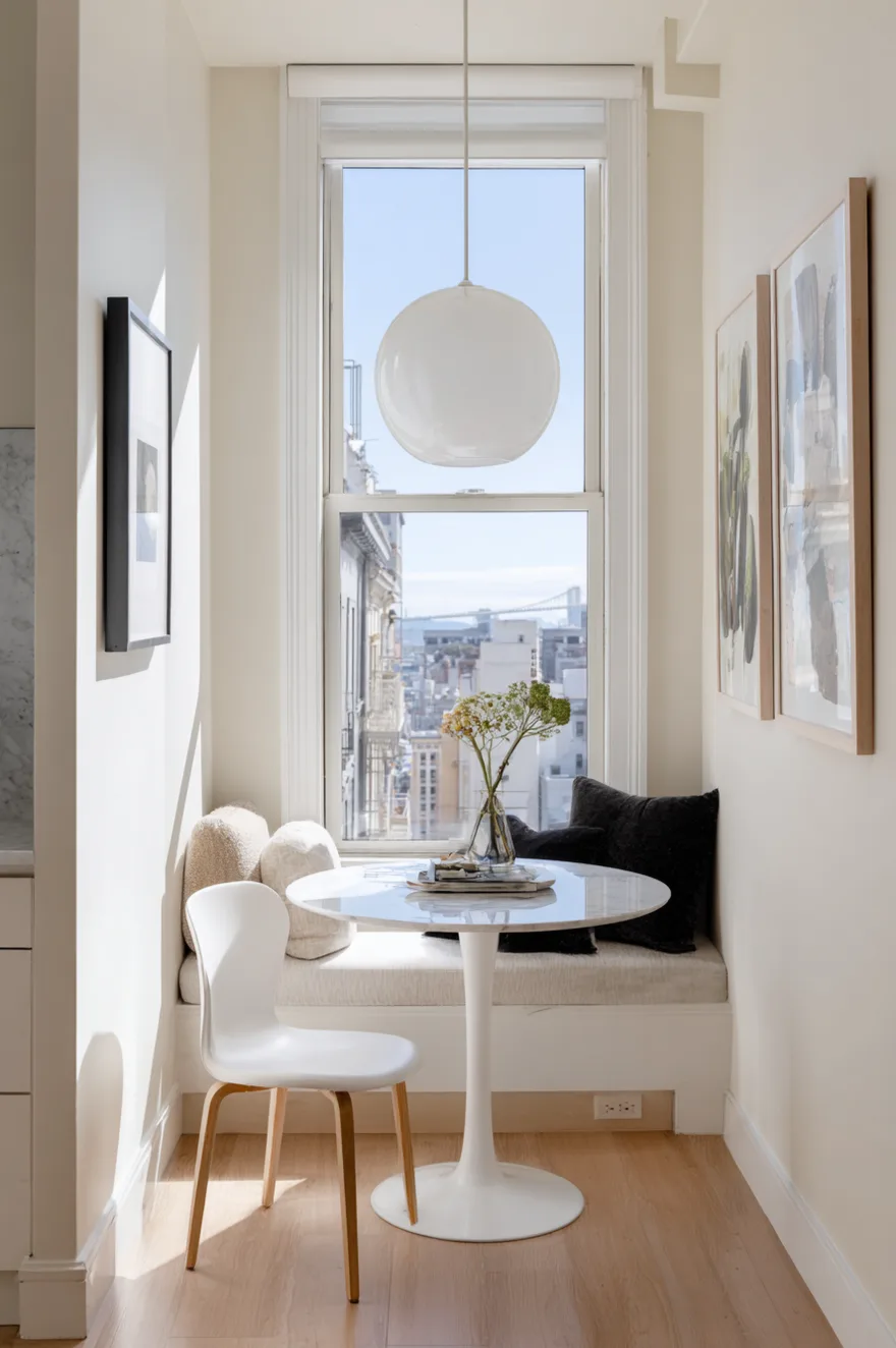 Small drop-leaf dining table pushed against a wall in a multi-purpose living space to maximize floor area.