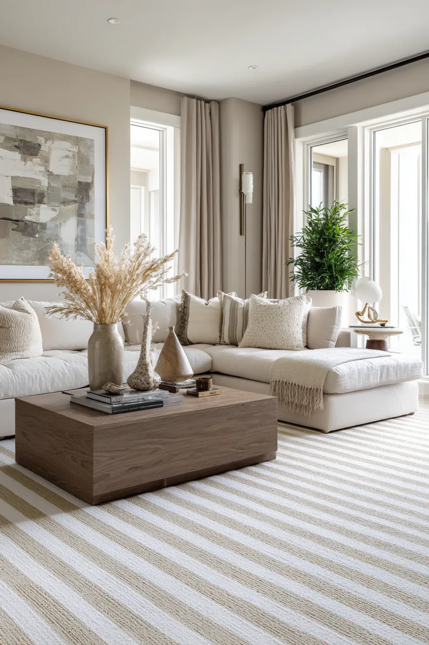 A bright living room showcasing a light grey and white striped area rug placed under a large white sectional sofa and a sleek wooden block coffee table, decorated with dried pampas grass.