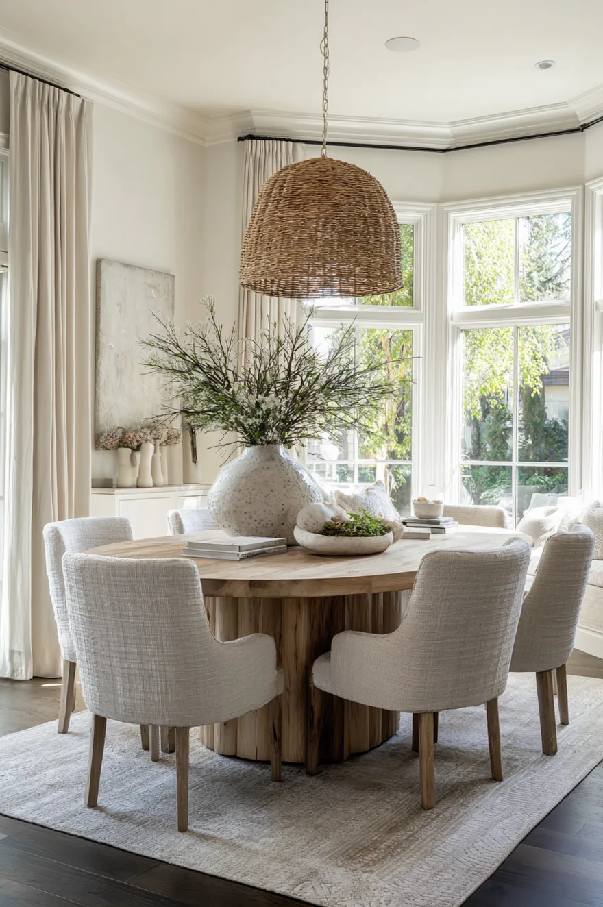 Round marble dining table on a single sturdy pedestal base surrounded by velvet dining chairs.