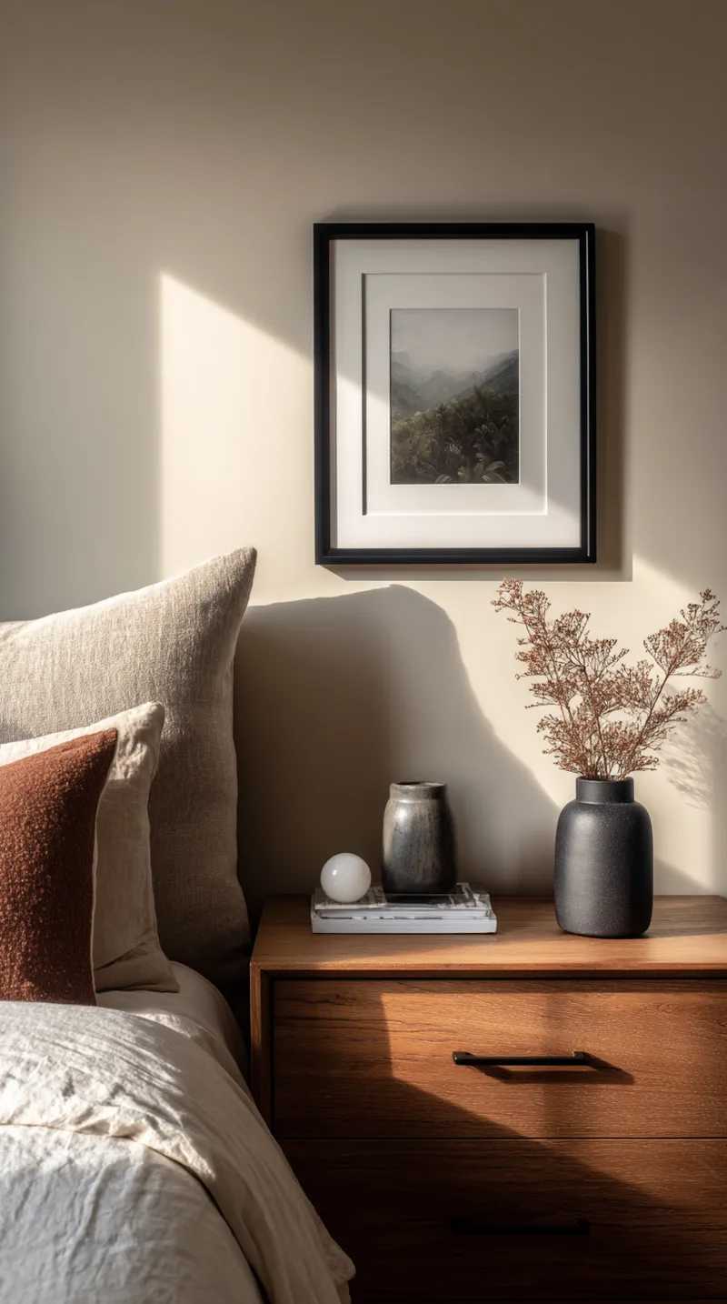 Minimalist wooden nightstand styled with a single black vase, book, and framed art print.